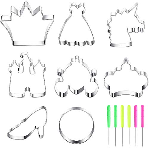 8 Pieces Princess Cookie Cutter Set with Crown Dress Castles Unicorn Head Shapes Stainless Steel Fondant Biscuit Cutters and 6 Pieces Sugar Stirring Pins